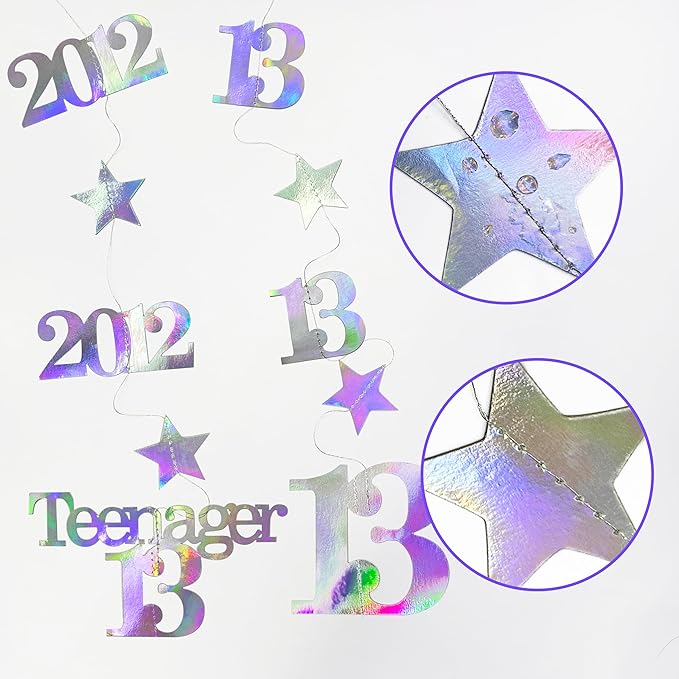 12PCS Iridescent 13th Birthday Decorations Number 13 and 2012 Star Garland Hanging Streamer Banner Backdrop for Girls Cheers to 13 Years Old Birthday Made in 2012 Official Teenager Party Supplies