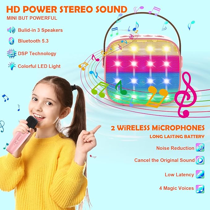 Bluetooth Karaoke Machine Toy for Kids- Mini Karaoke with 2 Wireless Microphone, Voice Changer & LED Lights, Portable Karaoke Mic for 3-8 Year Old Girls, Great for Birthday Home Party