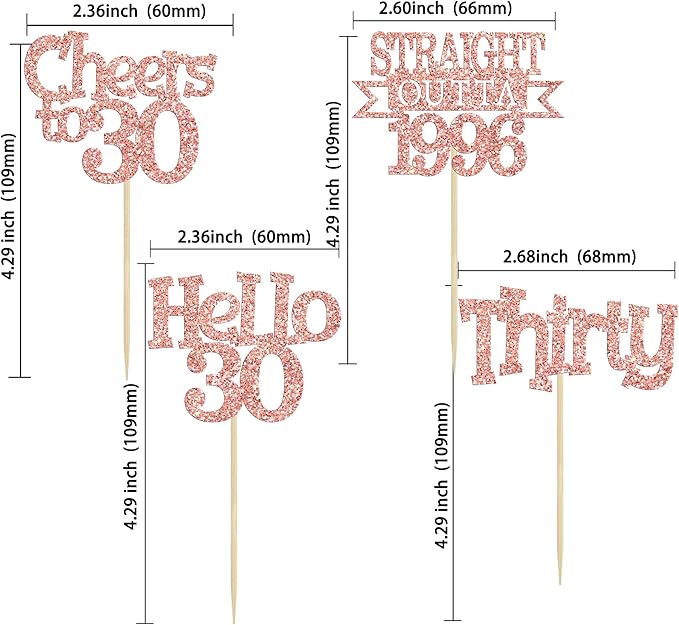 Ephlyn 24Pcs Happy 30th Birthday Cupcake Toppers Glitter ThirtyCupcake Picks Hello 30 Cheers to 30 Years Cake Decorations for 30th Birthday Anniversary Party Decorations Supplies Rose Gold