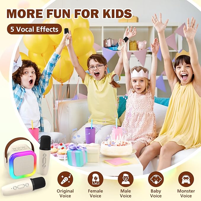 Mini Karaoke Machine for Kids Adults, Portable Bluetooth Speaker with 2 Wireless Microphones,Toys Birthday Gifts for Girls Ages 4, 5, 6, 7, 8,9,10,11,12+ Family Home Party (Beige)