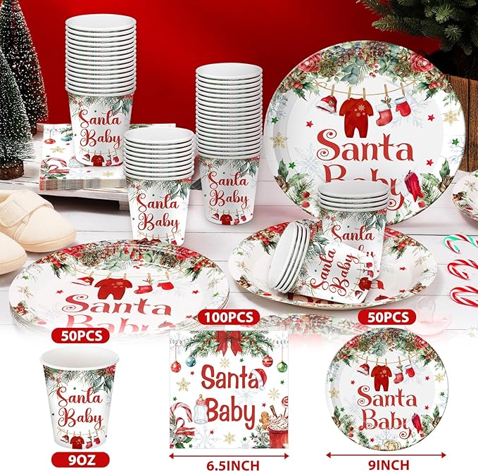 Hushee 200 Pcs Baby Shower Paper Plates Cups Napkins Party Supplies Tableware Set Disposable Cup Napkin for 50 Guest Party Decoration (Green and Red,Christmas Santa Baby)