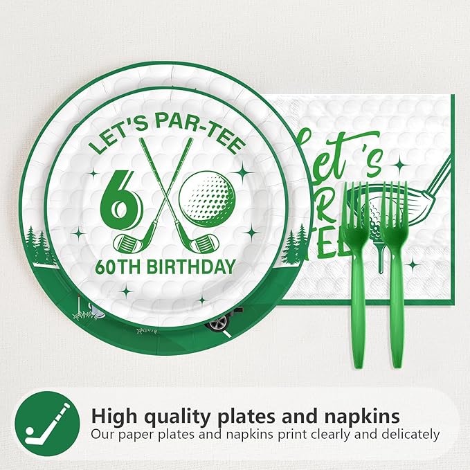 96Pcs Golf 60th Party Decorations for Men Golf 60th Birthday Paper Plates and Napkins Sets Sports Theme Decoration for Golfer Fans Sixty 60 Years Old Party Supplies Serve 24