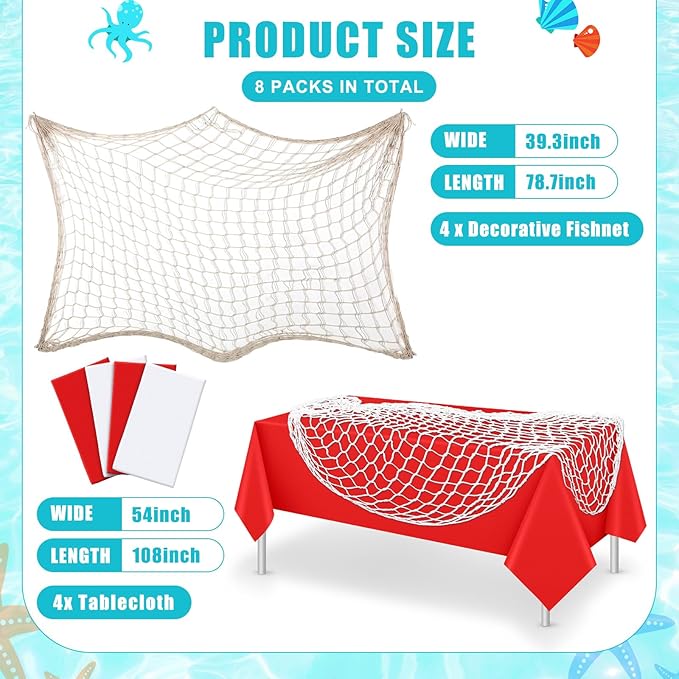 Unittype 8 Pcs Fish Net Decorative and Tablecloth Set, Cotton Fishnet and Plastic Table Cover Decorations Set for Nautical Themed Party Baby Shower Pirate Decorations Mermaid Party (Red and White)