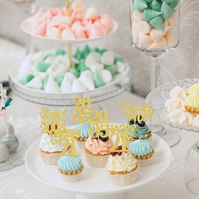 30PCS Happy 21st Birthday Cupcake Toppers Gold Glitter Twenty One Straight Outta 2005 Cupcake Picks Cheers to 21 Years Cake Decorations for 21st Birthday Anniversary Party Decoration Supplies