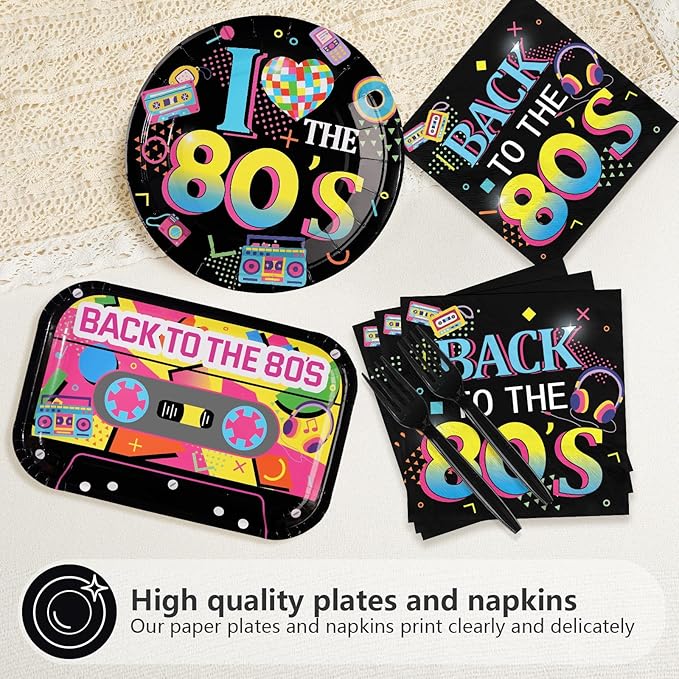 96Pcs 80s Party Decorations Back to The 80's Theme Plates and Napkins Tableware Sets Retro Colorful Hip Hop Decorations for Birthday Wedding Anniversary 1980's Party Supplies Serves 24