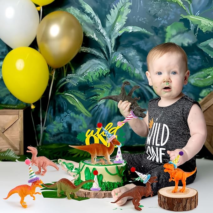 Hooqict 20Pcs Dinosaur Cake Decorations with Mini Birthday Party Hats Dinosaur Cake Topper for Kids Boys Girls Wild Animals Dino Themed Birthday Party Decorations Supplies