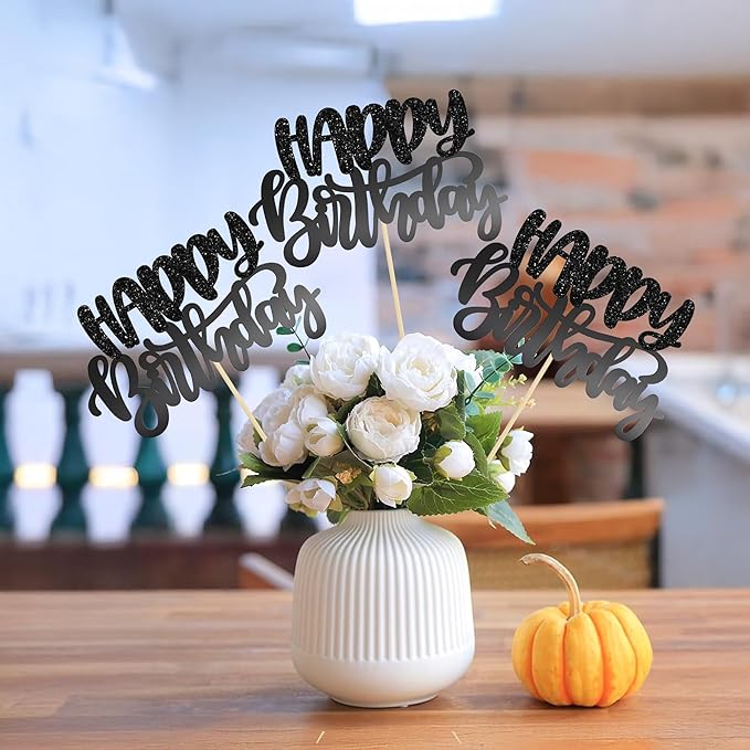 Gyufise 12Pcs Happy Birthday Centerpieces Sticks Double Sided Glitter Birthday Party Decorations Anniversary Table Flower Centerpiece for Celebrating Party Supplies Light Black