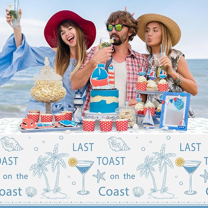 K1tpde 3PCS Last Toast On The Coast Bachelorette Party Tablecloth for Adult, Coastal Themed Blue Wine Cup Shell Starfish Plastic Tablecloth, Disposable Tablecover for Bachelorette Party Decorations