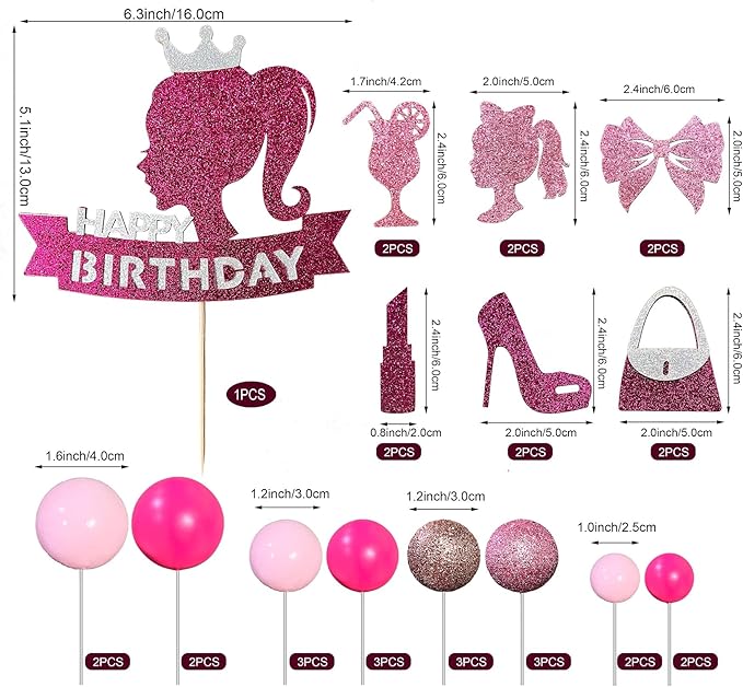 Hot Pink Girl Princess Cake Decorations - Glitter Happy Birthday Cake Topper with 20 Balls for Cake Decorating & 12 Girls Cupcake Toppers, Perfect Birthday Baby Shower Party Supplies for Barbie Fans