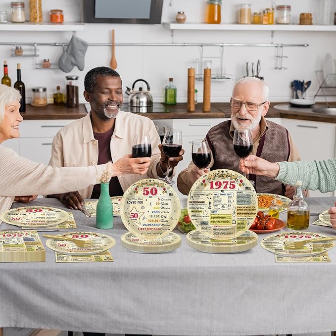 96Pcs Funny 50 Year Old Birthday Party Plates and Napkins Back in 1975 Themed Party Decorations Vintage 50th Party Disposable Tableware Set for 24 Guests Cheers to 50 Years Birthday Favors Supplies