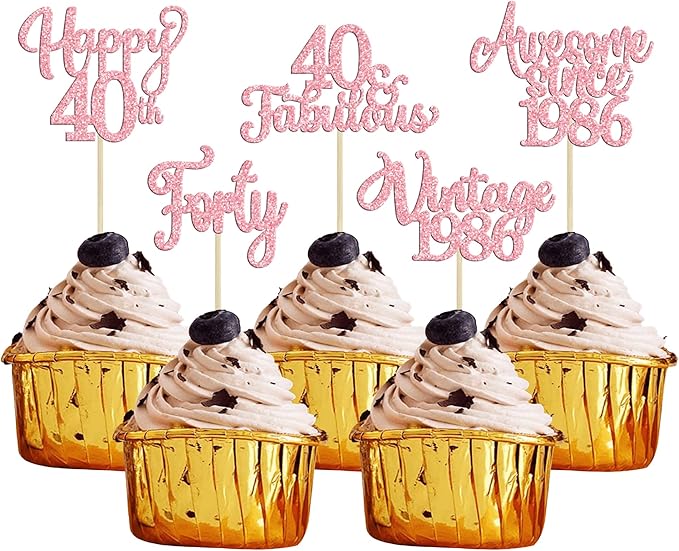 Ephlyn 30Pcs Vintage 1986 Cupcake Toppers Glitter Forty Happy 40th Birthday 40 Fabulous Cupcake Picks Cheers to 40 Years for 40th Birthday Wedding Anniversary Party Cake Decorations Supplies Pink