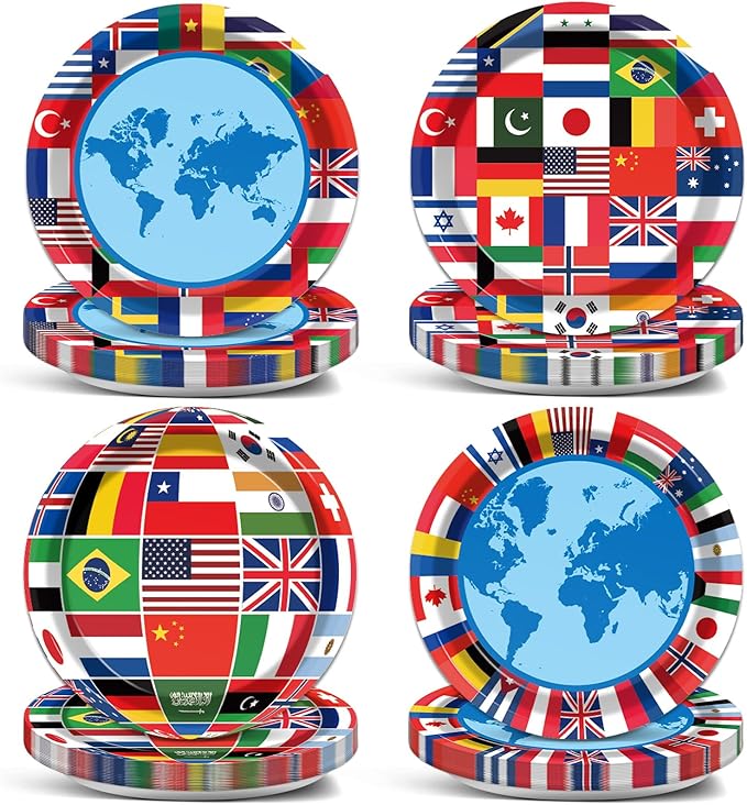 Wiooffen 80Pcs International World Flags Plates Around the World Globe Party Tableware Decorations International Flags 7'' Paper Cake Dessert Dinner Plates for Travel Trip Retirement Party Supplies