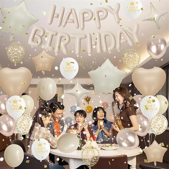 Boho Cream Beige Birthday Decorations for Women Neutral Nude Sand White Champagne Gold Print Balloons Gold Confetti Balloon Happy Birthday Banner Heart Balloons Star Balloon for Bday Party Supplies