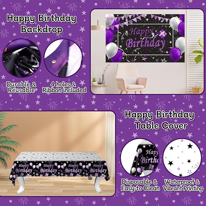 Black Purple Birthday Decorations for Women Girls Men, Purple and Silver Party Decorations Happy Birthday Backdrop Banner Confetti Star Silver Black Balloons Arch Tablecloth Party Supplies