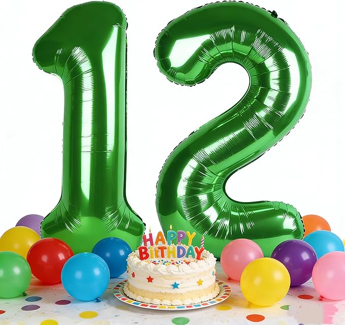 Balloons 12 Number 40 Inch, Dark Green Large Number Balloons Birthday Gift for 12 21 Years Old, Maylar Balloon Decorations for Wedding Engagement Graduations Memorial Day's