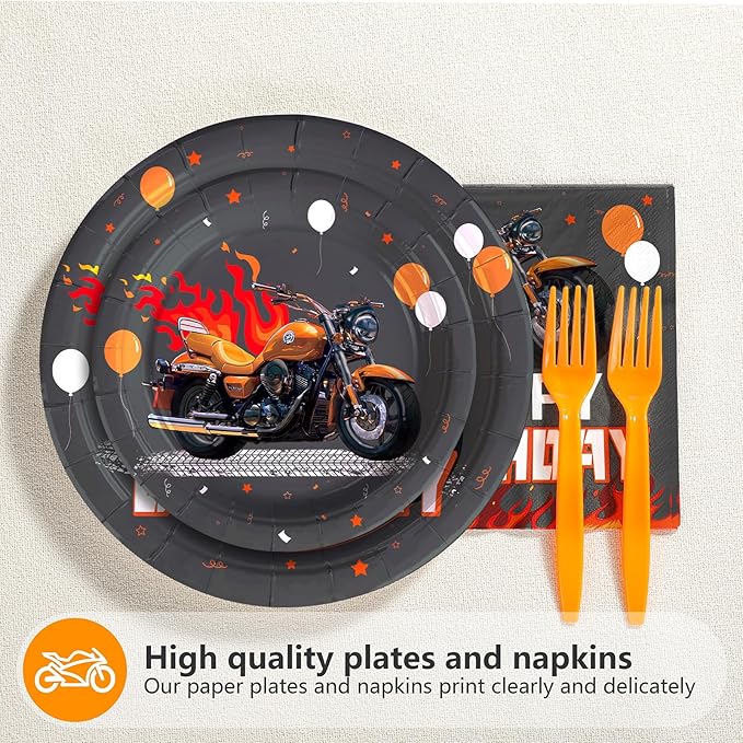 96Pcs Motorcycle Birthday Party Decorations Dirt Bike Birthday Paper Plates and Napkins Sets Black and Orange Dirt Bike Motorbike Decorations for Boys Motorcycle Theme Bday Party Supplies Serves 24