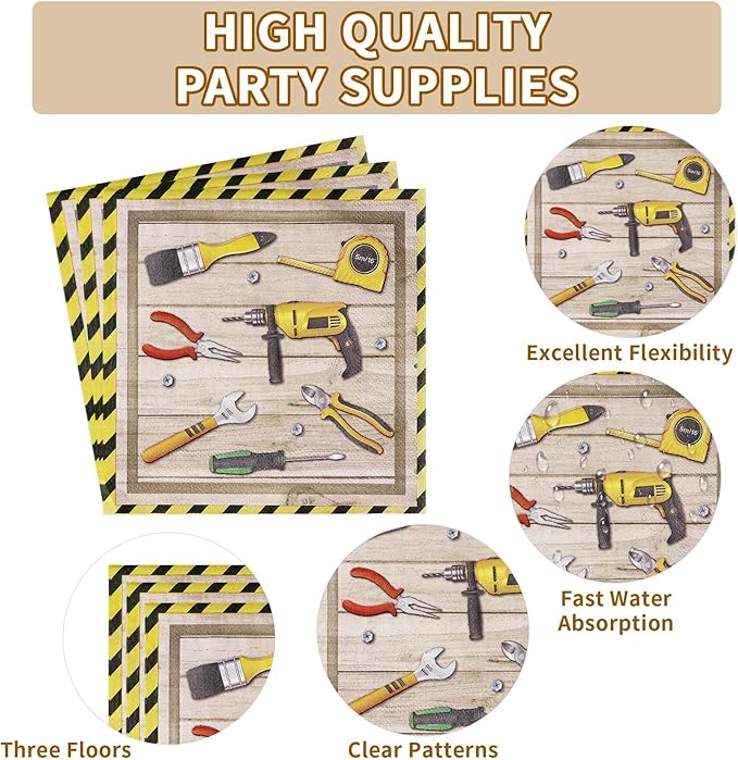 Grencian 96 PCS Handyman Tools Party Supplies Handyman Tools Party Plates 350GSM Disposable Handyman Tools Birthday Tableware Set for Little Builder Carpentry Construction Birthday Party, Serves 24