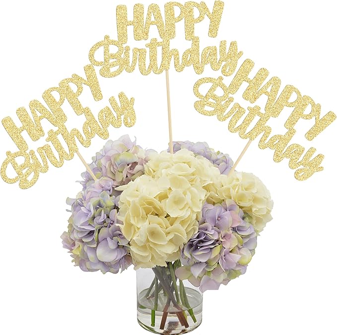 Gyufise 12Pcs Happy Birthday Centerpieces Sticks Double Sided Glitter Birthday Party Decorations Anniversary Table Flower Centerpiece for Celebrating Party Supplies Gold