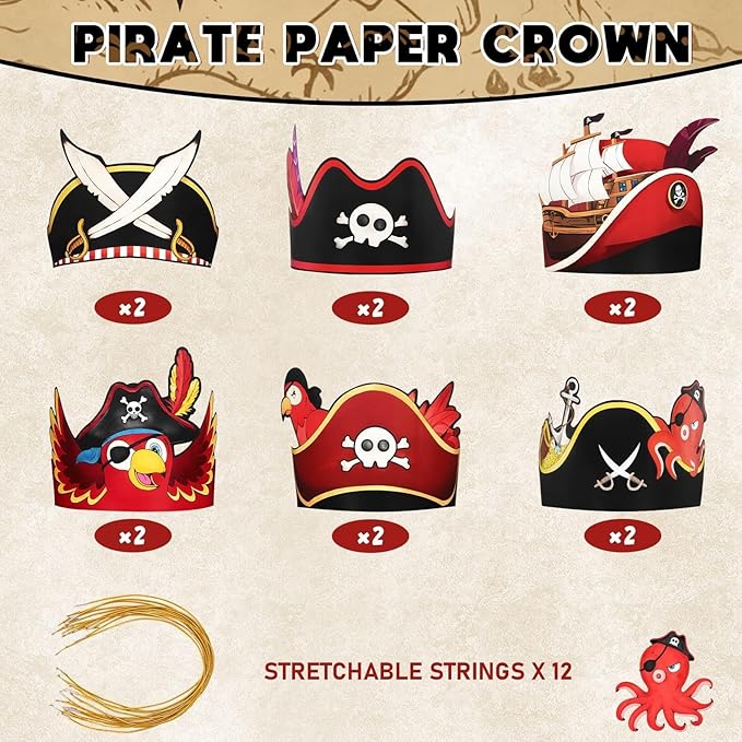 WERNNSAI Pirate Birthday Party Hats - 12 Pcs Birthday Party Supplies Crowns Colorful Paper Party Hats for Pirate Caribbean Cosplay Favors