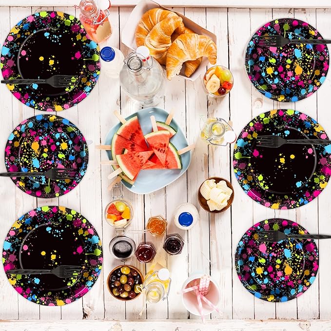 gisgfim 48 Pcs Neon Plates Party Supplies Glow Birthday Party Decorations Glow in Dark Paper Dessert Plates Disposable Neon Theme Birthday Graffiti Party Supplies Decoration Favors
