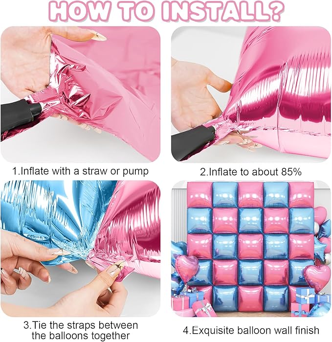 Pink Blue Square Foil Balloon Wall,25Pcs Double Sided Foil Balloons Backdrop Helium Polyester Tunnel Arch Garland Kit for Birthday Gender Reveal Anniversary Baby Shower Party Decorations