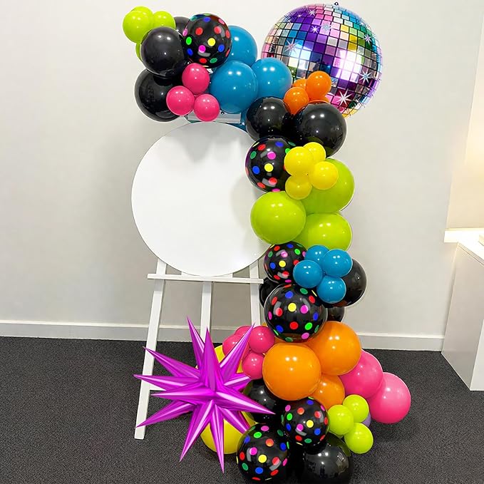 Neon Balloons, 80s 90s Disco Hot Pink Blue Green Orange Yellow Neon Dot Balloons with Star and Disco Ball Foil Balloons for 80s 90s Rock Theme Diso Party Decorations