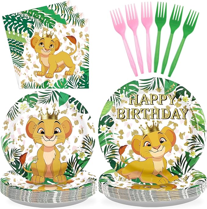 96Pcs Lion Baby Shower Party Decorations Jungle Safari Lion Plates and Napkins Tableware Sets Zoo Animal Party Decorations Favors for Boys Kids Wild One Birthday Supplies Serves 24