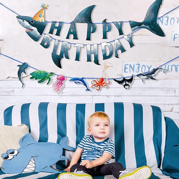 WERNNSAI Shark Happy Birthday Banner Set - Ocean Theme Party Supplies for Kids Boys Pre-strung Shark Birhday Banner and Ocean Animal Banner Beach Under The Sea Theme Party Decorations Hanging Wall Decor