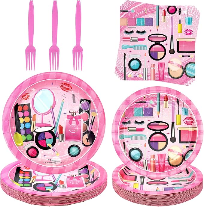 Spa Party Supplies - Makeup Party Tableware - Dinner Plates, Dessert Plates, Napkins, Forks for Girls Women Slumber Pamper Spa Birthday Party Decoration, Serves 25