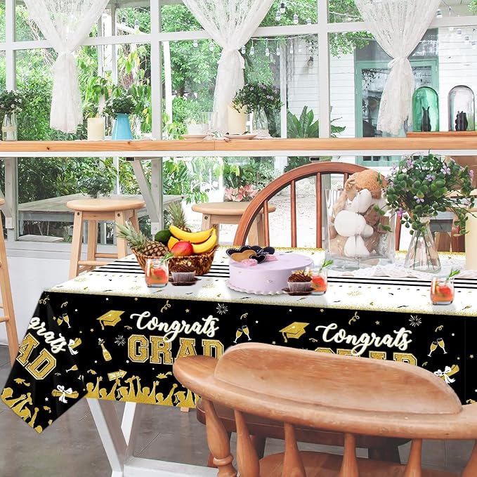 chiazllta Set of 3 Graduation Tablecloths Class of 2025 Congrats Grad Black Graduation Party Tablecover Decorations Party Supplies Large Size Plastic 54"x108"(Black & Gold)