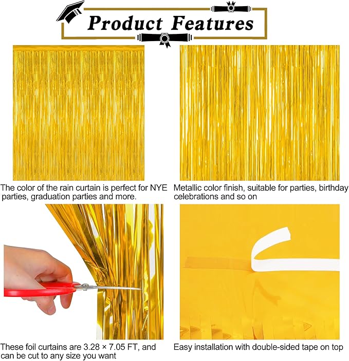 12 Pack 2026 Graduation Decorations, 3.28 FT x 7.05 FT Gold Backdrop Curtains, Metallic Class of 2026 Backdrop Fringe Curtains Foil Streamer, Gold Grad Decorations 2026 Party Supplies