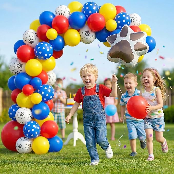 106Pcs Puppy Theme Birthday Decorations for Boys, Red Blue Yellow Balloon Garland Arch Kit with Dog Bone and Paw Print Foil Balloons for Kids Rescue Pet Animal Themed Baby Shower Party Supplies