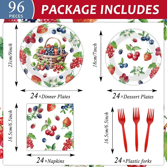 gisgfim 96 Pcs Berry Party Supplies Berry Paper Plates Napkins Strawberry Blueberry Birthday Party Disposable Tableware Set Berry Sweet Party for Girls Kids Baby Shower Decorations Favors Serves 24