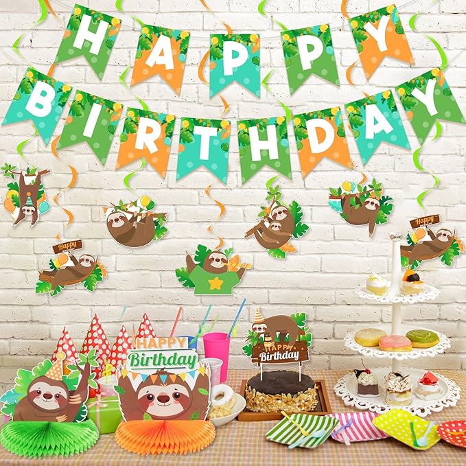 Sloth Birthday Party Decorations Set Sloth Theme Happy Birthday Banner Cake Toppers and 3 Pieces Honeycomb Table Centerpiece for Baby Shower