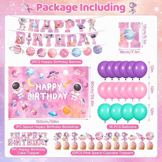 Pink Space Birthday Decorations Outer Space Theme Party Supplies Solar System Happy Birthday Banner Background Cake Cupcake Toppers Balloons for Galaxy Planet Astronaut Party Favor Decor
