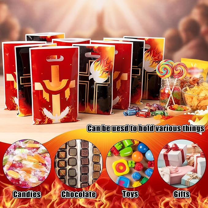 Pentecost Christian Party Favor Bags - 50Pcs Religious Christian Flame Cross Dove Goody Treat Bags, Jesus Holy Spirit Party Decoration for Pentecost Church Sunday School Liturgical Seasons