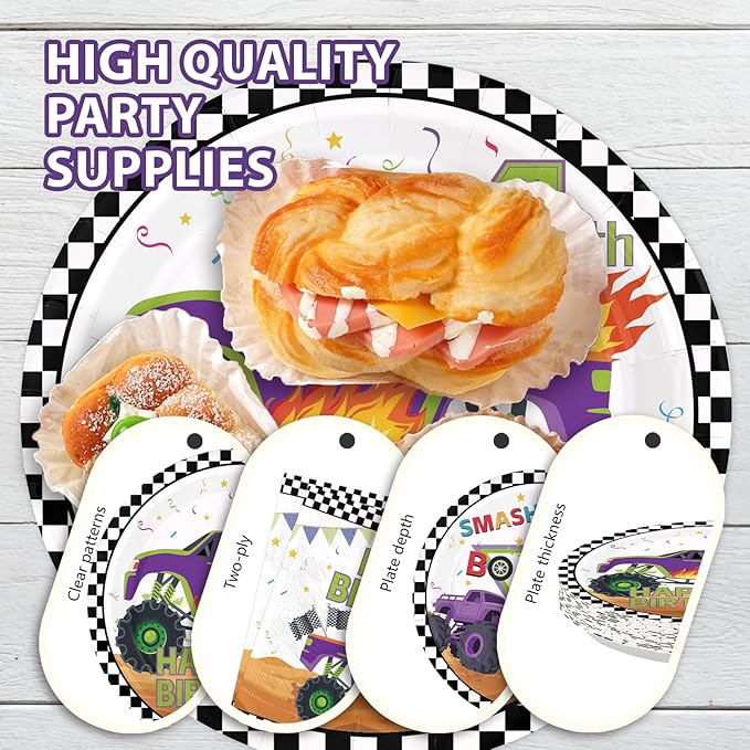 96Pcs Monster Theme Truck 4th Birthday Party Decoration Monster Birthday Plates and Napkins Green Purple Truck Disposable Paper Tableware Set for Kids Boys 4th Party Supplies Serves 24