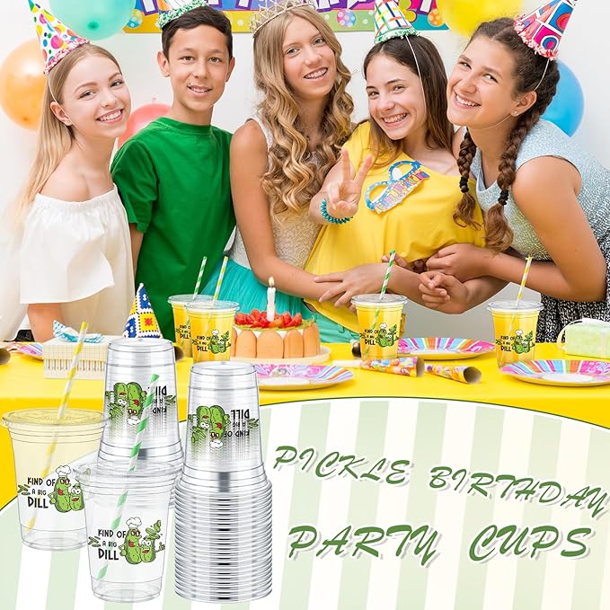 Domensi 50 Pcs Pickle Party Birthday Plastic Cup 12 oz Kind of a Big Dill Birthday Thick Clear Cup Green Pickle Cucumber Theme Party Table Decorations Favor