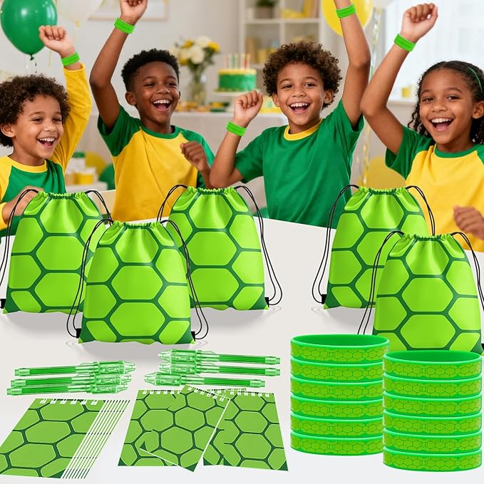 Green Turtles Party Favors, Ninja Theme Birthday Party Supplies & Goodie Bags for Kids, Include Drawstring Bags Notebook Silicone Bracelet Highlighter for Gifts Fillers
