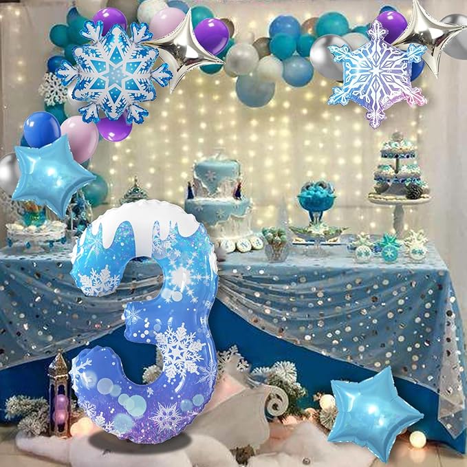 40 Inch Frozen Balloons number 3 Birthday Balloon,2 Giant snowflake foil balloons, 2 blue and silver star foil balloons Frozen Theme Party Supplies Winter Party Decoration For Girl's Birthday