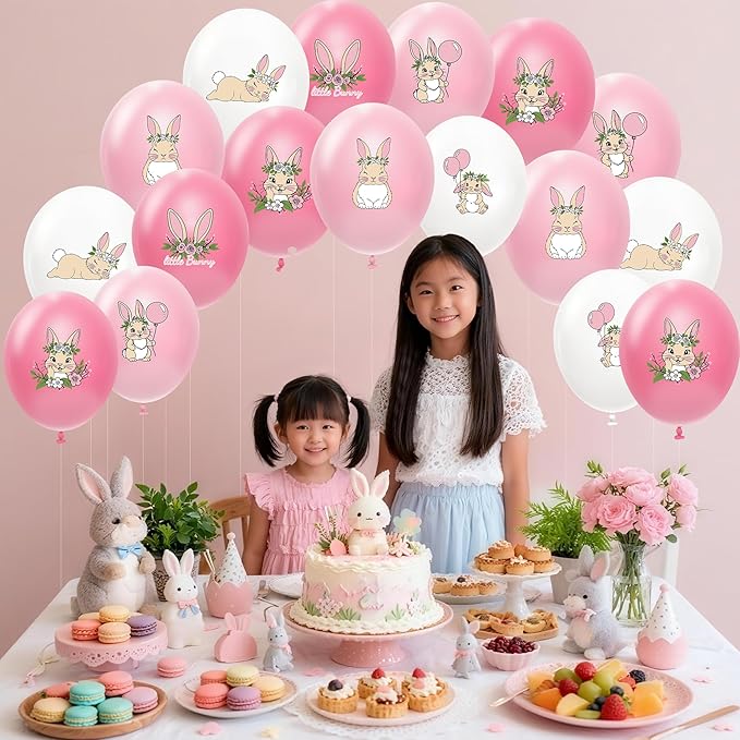 48 Pcs Bunny Birthday Decorations Balloons Set, Pink Rabbit Bunny Theme Print Latex Balloons Party Supplies for Birthday Baby Shower, Easter