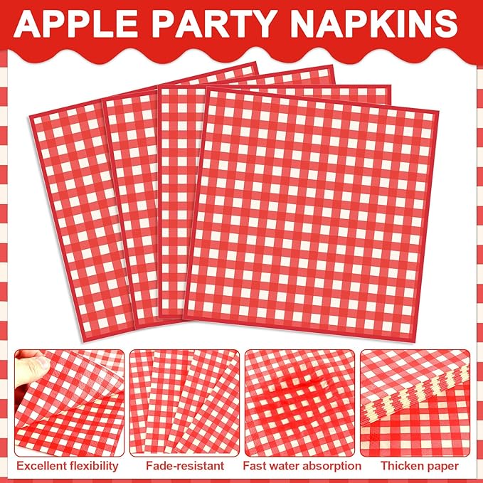 96Pcs Watercolor Apple Paper Plates Apple Birthday Party Supplies Red Gingham Napkins and Forks Fruit Themed Disposable Dinnerware for Back to School Classroom Kindergarten Home Party Serves 24