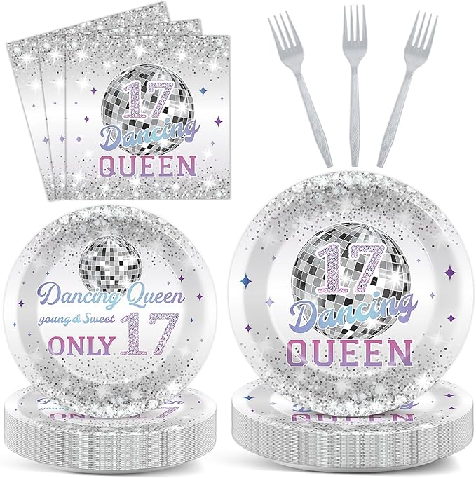 CHUNNIN 96Pcs Dancing Queen Plates and Napkins for 17 Birthday Party Decorations for Girls Silver 17 Year Old Dessert Plates Dancing Queen Tableware Set for 24 Guests 17 Birthday Party Supplies