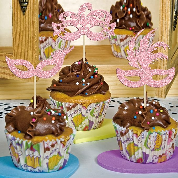 Gyufise 24Pcs Masquerade Masks Cupcake Toppers Pink Glitter Bachelorette Mask Cupcake Topper Mask Cake Picks Decorations for Masquerade Mardi Gras Party Baby Shower Birthday Party Supplies