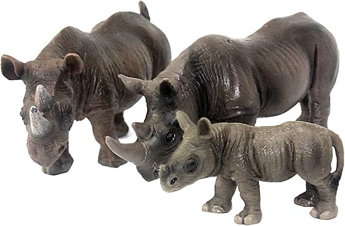 FUNSHOWCASE African Jungle Wild Animals Toy Rhinoceros Rhinos Figure Realistic Plastic Figurine Gifts for Kids, Cake Topper, Playset Lot 3-Piece