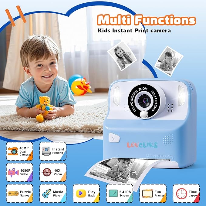 Kids Camera Instant Print with 1080P HD | Children's Digital Camera with 2 Printing Modes | Video Recorder, Timer Delay, for 3-12 Year Old Boys Girls Birthday Christmas with 32GB SD Card