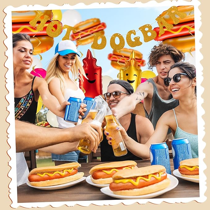 Gejoy 213 Pcs Hot Dog Party Decorations Kit - Includes 12 Pcs Hot Dog Balloons, 200 Latex Balloons & 1 Set Glitter Banner for Birthday Sausage Food Party Supplies & BBQ Celebrations