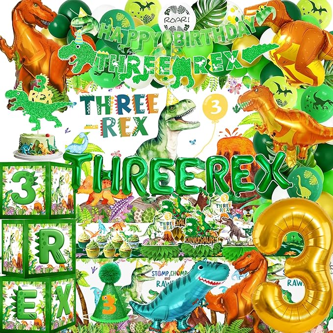 Three Rex Dinosaur 3rd Birthday Decorations For Boys – Dino 3rd Birthday Party Supplies With Banner, Letter Balloons, Backdrop, Tablecloth, Balloon And Boxes,Table Centerpieces For 3 Rex Party
