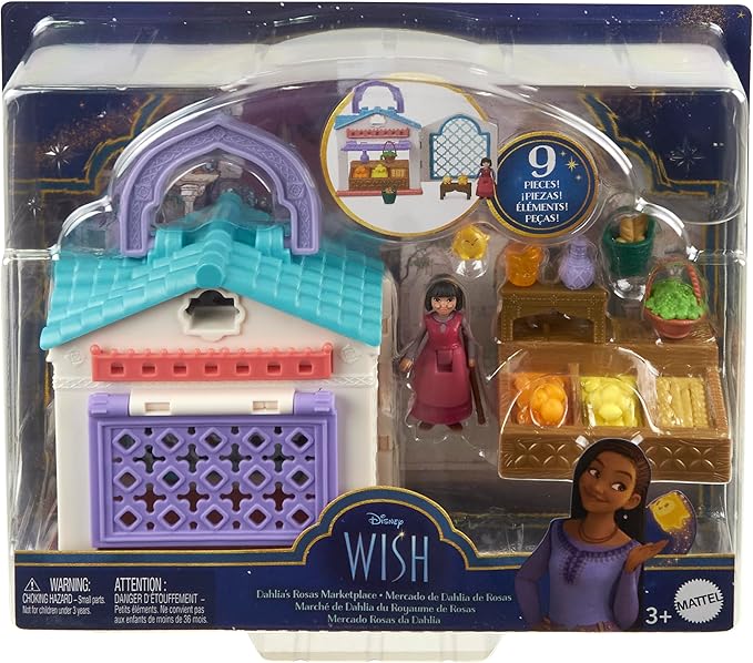 Mattel Disney Wish Micro Doll Playset, Dahlia’s Rosas Marketplace Portable Set with Dahlia Doll, Star Figure & 9 Accessories, Travel Toy