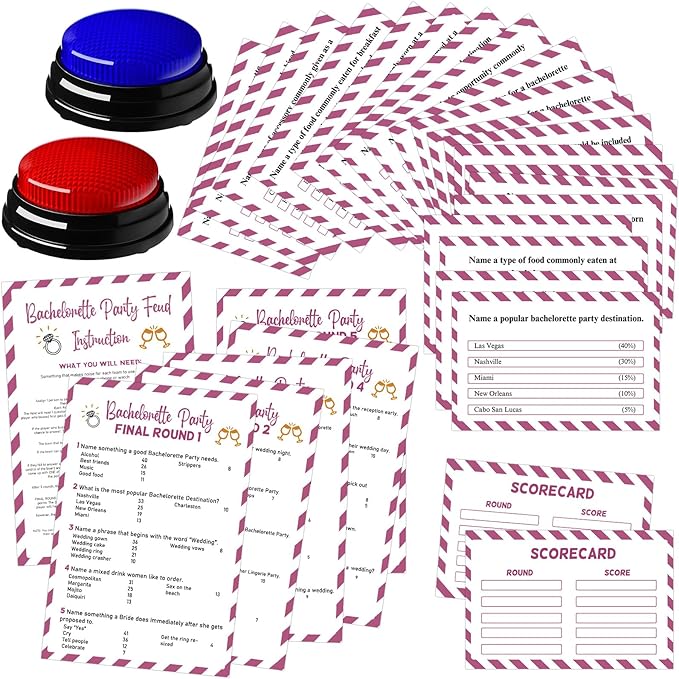 Soulchen Bachelorette Friendly Feud Game Set Bachelorette Party Game Trivia Quiz with Cards and 2 Buzzer for Adults Family Home Games Activities Party Supplies, Battery Not Included